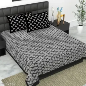 Jaipuri Printed Cotton Double Bedsheet With 2 Pillow Covers - Black Floral