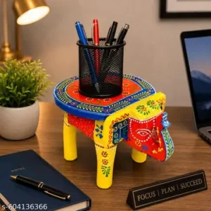 Handicraft Wooden Elephant Stool Hathi Stool Yellow Sky And Multiple Colours Indian Folk Art Rajasthani Bajot Thanks Giving Decorative Side Table Puja Chowki Wooden Desk In Elephant Figurine Mango Wood 6 Inch Height Home Decor