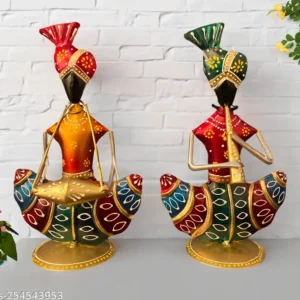 Iron Handpainted Rajasthani Musician Showpiece Set For Home Decor 9 Inch Set Of 2