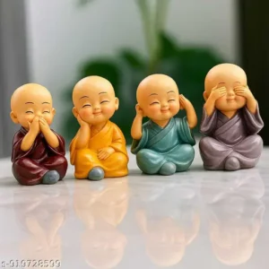 Baby Buddha Monk Set of 4 for Home Decor Car Dashboard and Living Room Decorative Showpiece 4 Cm Resin Multicolor