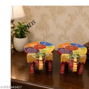 2 Handicraft Wooden Elephant Stool Rajasthani Wooden Bajot Red Yellow With Multiple Colours Design Wooden Puja Chowki Thanks Giving Decorative Side Table Indian Folk Art Small Size Hathi Stool Puja Chowki Indian Folk Art 4 Height Small Size Home Decor Indian Traditional Handicrafts Wooden Art Multipl4 Height Small Size Home Decr Set Of 2