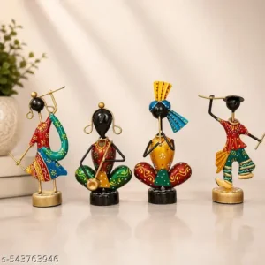 Set Of 4 Colorful Tribal Musician Figurines 6 Inch Metal Handcrafted Rajasthani Dancers Musicians Traditional Indian Home Decor Showpiece Table Decor Gift Item Festival Return Gifts