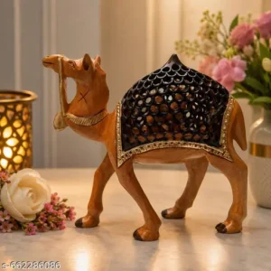 Handcrafted Wooden Camel Showpiece with Jali Work Rajasthani Decorative Figurine Statue for Table Shelf Office Living Room Gift Item Decorative Wooden Camel Figurine 178 Cm Length
