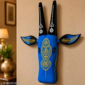 Handmade Wooden Cow Head Wall Decor For Living Room Blue Hand Painted Wall Hanging