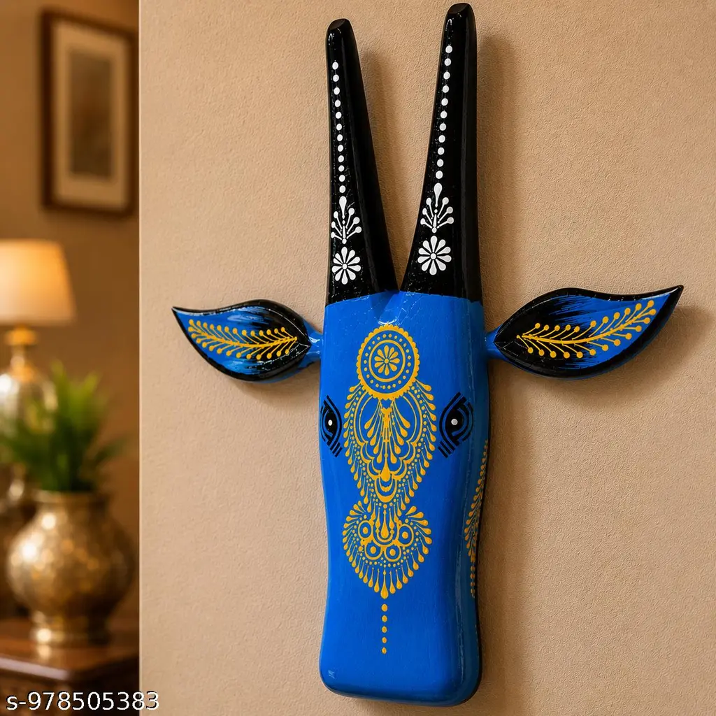 Handmade Wooden Cow Head Wall Decor For Living Room Blue Hand Painted Wall Hanging