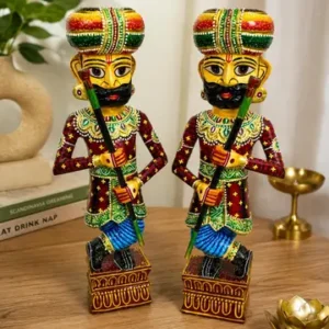 Rajasthani Wooden Guard Chowkidar Pair Hand Painted Traditional Showpiece Home Office Decor Hotel Decor