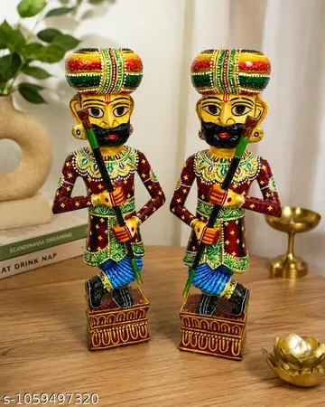 Rajasthani Wooden Guard Chowkidar Pair Hand Painted Traditional Showpiece Home Office Decor Hotel Decor