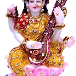 Goddess Saraswati Idol With Veena On Lotus Base Stone Finished Maa Saraswati Murti For Home Temple Study Table Mandir Decor Saraswati Statue For Pooja Goddess Saraswati Showpiece For Vasant Panchami Diwali Housewarming Gift Purpose 7 Inch