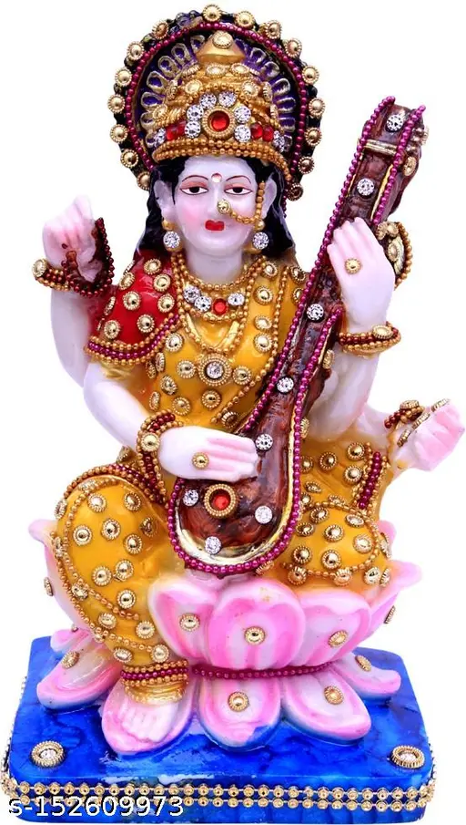 Goddess Saraswati Idol With Veena On Lotus Base Stone Finished Maa Saraswati Murti For Home Temple Study Table Mandir Decor Saraswati Statue For Pooja Goddess Saraswati Showpiece For Vasant Panchami Diwali Housewarming Gift Purpose 7 Inch