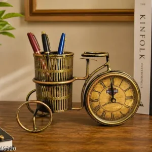 Handi Craft Antique Cycle Pen Stand With Clock Antique Gold Design Decortive Clock In Cycles Style Indian Folk Art Thanks Giving Office And Home Decor Product Cycle Gamla Stand Multiple Use Decorative Product10 Inch Length And 6 Inch Height Home And Office Table Home Decor