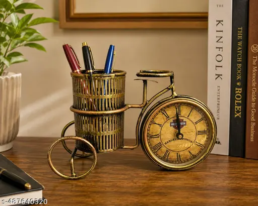 Handi Craft Antique Cycle Pen Stand With Clock Antique Gold Design Decortive Clock In Cycles Style Indian Folk Art Thanks Giving Office And Home Decor Product Cycle Gamla Stand Multiple Use Decorative Product10 Inch Length And 6 Inch Height Home And Office Table Home Decor