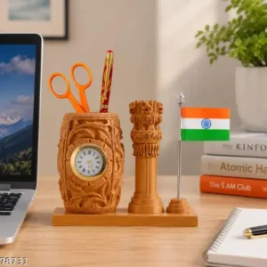 Wooden pen Holder With Ashoka pillar and Flag