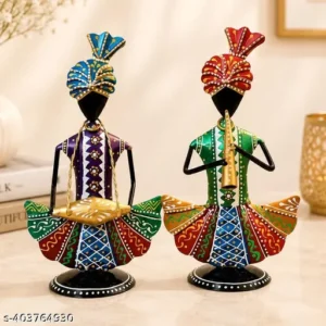 Handcrafted Indian Musician Decor Statues Festival Home Decoration Iron Figurines 9 Inch Set Of 2