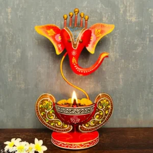 Decorative Ganesha Candle Holder Hand Painted Metal Diya For Mandir Gifting