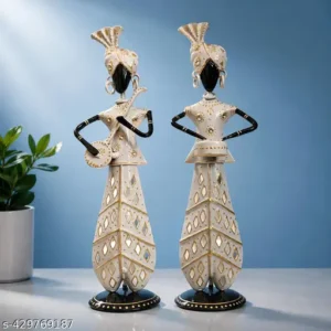 Metal Musician T Light Set Of Twotable Decorative Showpiece White Finish