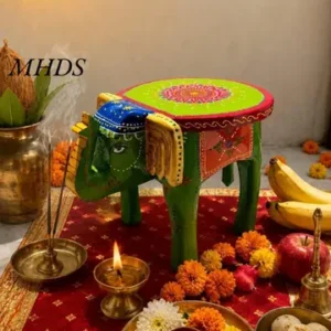 Handicraft Wooden Elephant Stool Hathi Stool For Living Room Bed Room Thanks Giving Indian Folk Art Puja Chowki Decorative Side Table Mango Wood Green With Multiple Colours Design Rajasthani Bajot Multiple Use Wooden Small Desk 8 Inch Height And 12 Inch Length