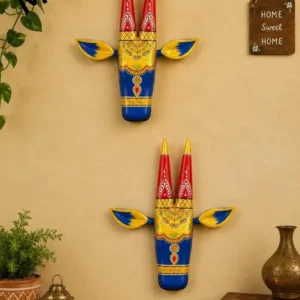 Set Of 2 Handcrafted Wooden Cow Head Face Wooden Wall Mask Red Gold With Multiple Colours Design Decorative