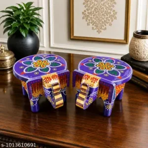 2 Handi Craft Wooden Elephant Stool Rajasthani Mini Woooden Bajot Purple Yellow With Multiple Colours Design Puja Chowki Thanks Giving Decorative Side Table Indian Folk Art 4 Height Small Size Multiple Use Desk In Elephant Figurine Home Decor Set Of 2