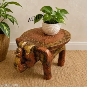 Handicraft Wooden Elephant Stool Wooden Puja Chowki Rajsthani Bajot Copper Antique Design Indian Folk Art Multiple Use Desk In Elephant Figurine 6 Height Home Decor