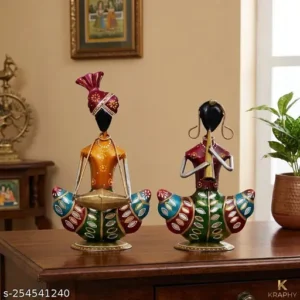 Traditional Folk Musician Figurine With Diya Holder Hand Painted Iron Showpiece