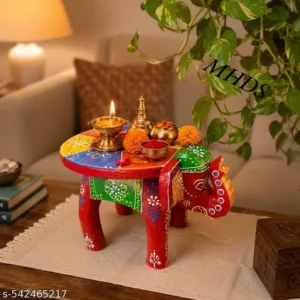 Handcrafted Wooden Elephant Stool Traditional Indian Art Colourful Floral Design Red Multi Colour Decorative Side Table Puja Chowki