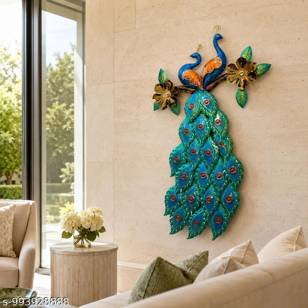 Designer Double Peacock Metal Wall Hanging Decor For Home Office