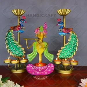 Handicrafted Peacock Tea Light Pair With Krishna Combo