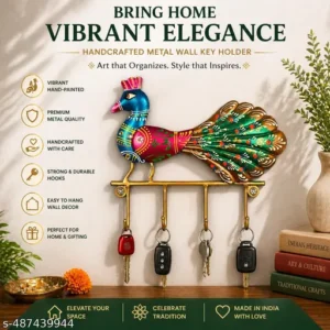 Handmade Iron Peacock Key Holder Handpainted Wall Hanging With 4 Hooks 7X9 Inch Multicolor Key Hanger For Home Office Decor