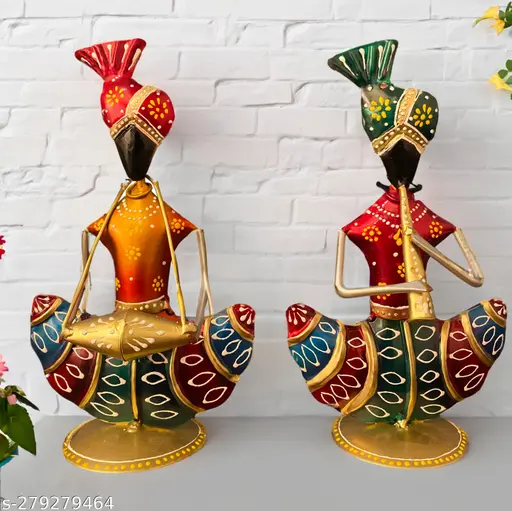 Ethnic Iron Musician Statue Set Handmade Rajasthani Decor 9 Inch 2 Pc