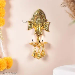 Ganesh Ji Wall Hanging With Three Diyas And Bells Lord Shree Ganesha Face Sculpture For Homeoffice Pooja Room Diwali Gift Religious Item Decorative Showpiece Metal Hanging Diyas Oil Lamp