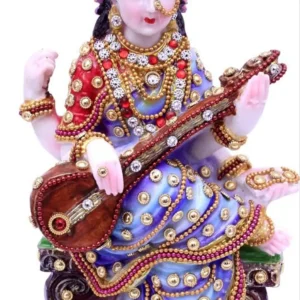 Goddess Saraswati Idol With Veena Premium Stone Finish Maa Saraswati Murti For Home Temple Hindu Puja Mandir Decor Vidya Devi Statue For Study Room Gift Vastu Spiritual Showpiece Diwali Navratri Puja Office Desk Housewarming Gift 8 Inch
