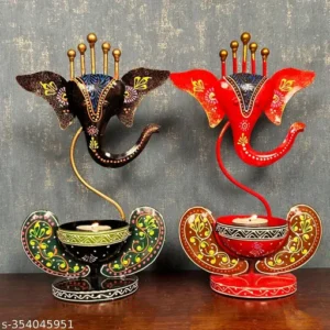 Set Of Two Ganesha Tealight Candle Holders Red And Brown Iron Table Decor For Diwali Pooja Room And Corporate Gifts
