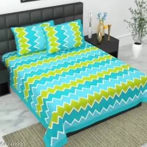 Jaipuri Printed Cotton Double Bedsheet With 2 Pillow Covers - Teal Geometric