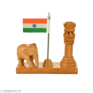 Wooden Ashoka Pillar With Elephant and Flag