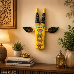 Handcrafted Colourful Wooden Cow Face Head For Wall Decor Lord Shrinath Ji Painting Mango Wood Yellow With Multiple