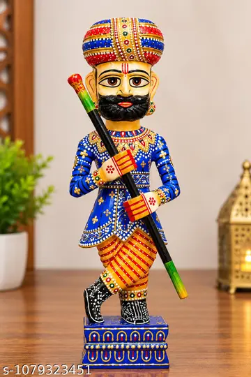 Rajasthani Wooden Chowkidar Statue Traditional Hand Painted Home Decor Showpiece