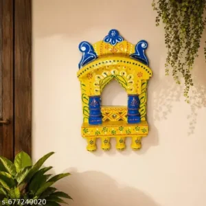 Colourful Handi Craft Wooden Jarokha Wall Mirror Yellow Blue With Multiple Colours Design Thanks Giving Indian Folk Art Decorative Wall Hanging Mango Wood Rajasthani Handi Craft Wall Decor Size 510 Inch Home Decor