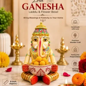 Handmade Wooden Lord Ganesha Bowl For Laddu Flowers Prasad Pooja Decor Home Temple Decorative Idol