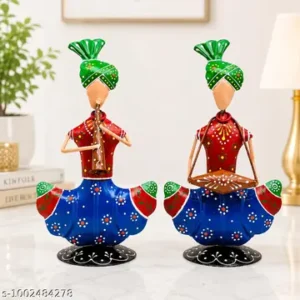 Handcrafted Metal Musical Couple Showpiece Set Of 2 Rajasthani Folk Art Figurines Traditional Home Decor Multicolor Antique Finish 9 Inchhandmade Rajasthani Folk Musician Couple Metal Showpiece