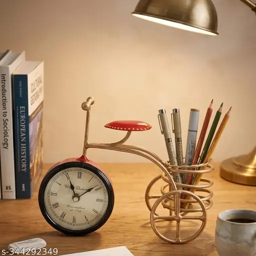 Vintage Bicycle Design Table Clock With Pen Holder Iron Desk Organizer 65 Inch