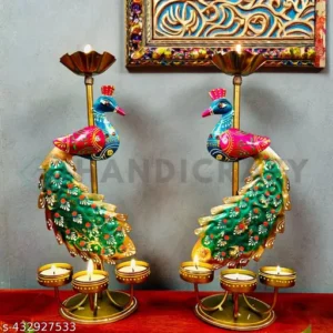 Handicraft Metal Peacock Pair Candle Holder Showpieces