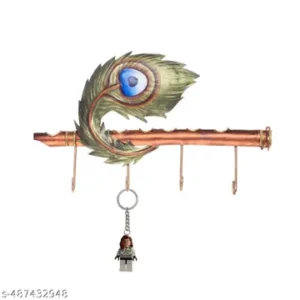 Krishna Flute Peacock Metal Key Holder Designer Wall Art With 4 Hooks 10x2x6 Inch