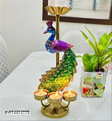 Handcrafted Metal Peacock Tealight Holder Multicolor Decorative Showpiece For Home Decor Trending Iron Candle Stand Ethnic Festive Gift Item