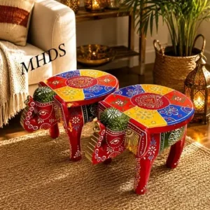 2 Colour Full Handi Craft Wooden Elephant Stool Hahti Stool Puja Chowki Office And Home Interior Red With Multiple Colours Design Thanks Giving Decorative Side Table Indian Folk Art Woo Oden Puja Chowki Rajasthani Bajot Multiple Use Desk In Elephant Figurine 6 Inch Height And 8 Inch Length Set Of 2 Home Decor